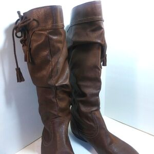 Brown Scrunch Boots Flats Womens Pull On Tassle W 9